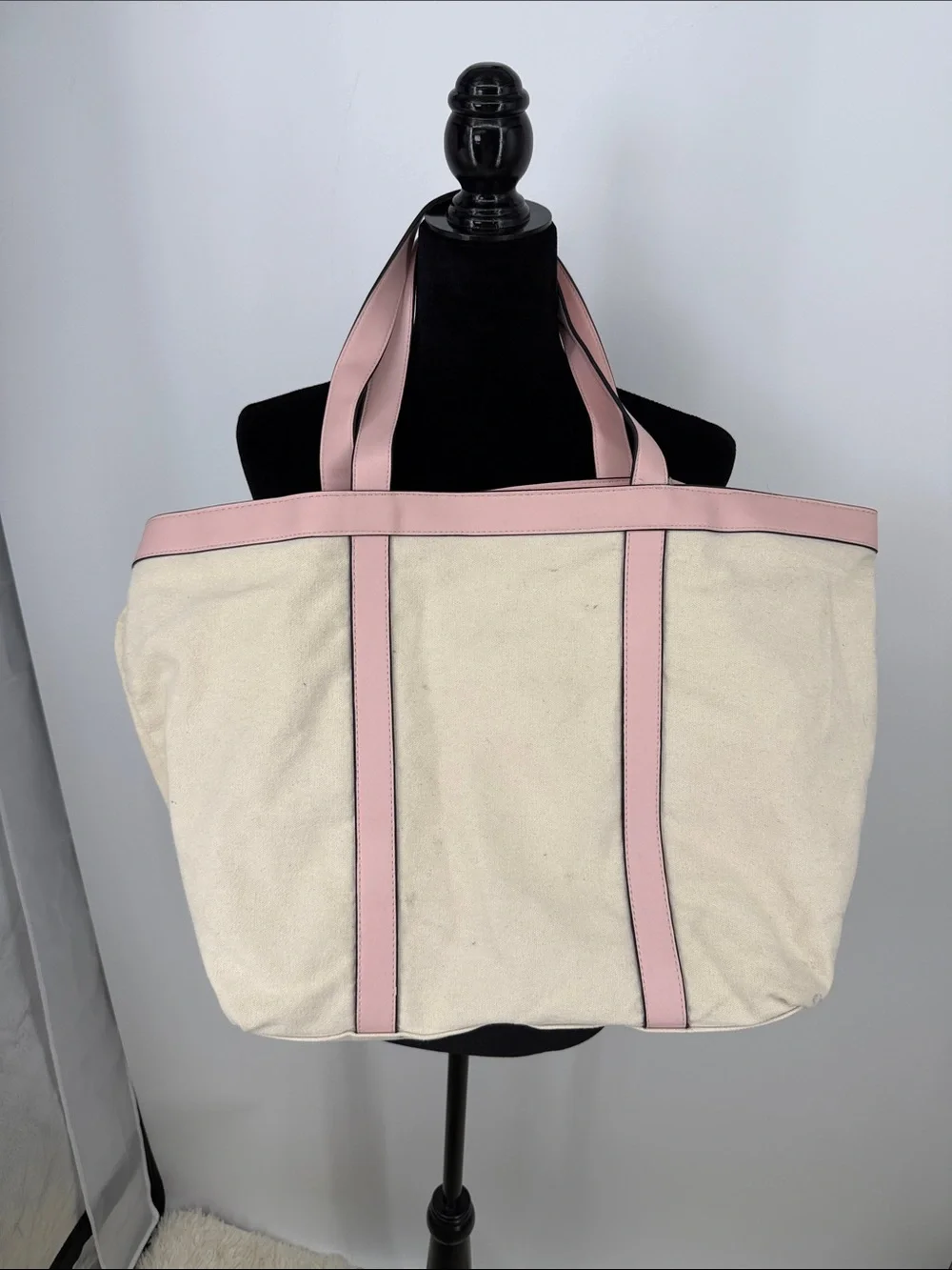 Victoria's Secret Cream Canvas Tote with Pink Trim & Studs